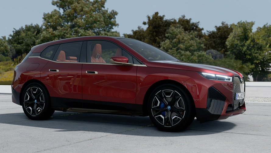 BMW iX i20 rafmagnsjeppi að utan Aventurin Red BMW iX i20 2021 rafmagnsjeppi að utan Aventurin Red