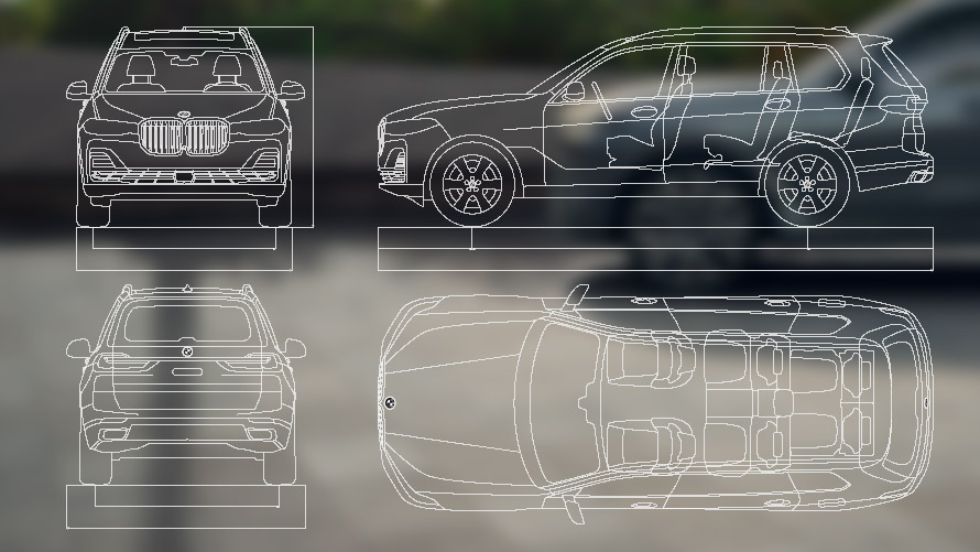 Málsettar teikningar fyrir BMW X7 G07 LCI Málsettar teikningar fyrir BMW X7 G07 LCI, horft ofan á fram- og afturhluta