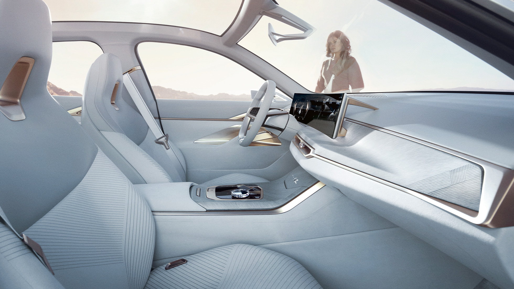 Innanrými BMW Concept i4 2020 G26 Innanrými BMW Concept i4 2020 G26-rafbíls, rafknúinn BMW Gran Coupé